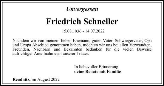 Traueranzeige von Friedrich Schneller von Ostthüringer Zeitung