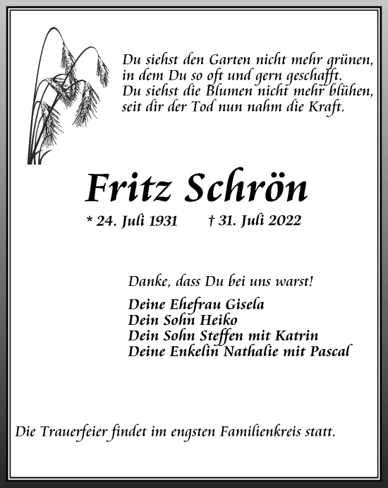 Traueranzeige von Fritz Schrön