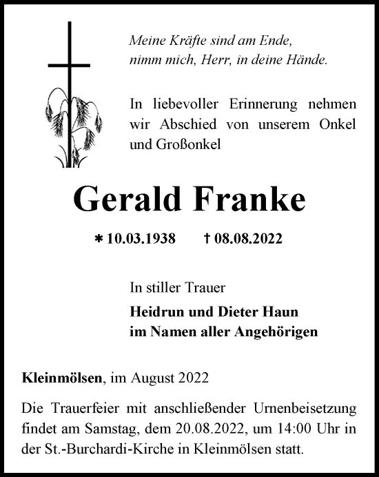Traueranzeige von Gerald Franke von Thüringer Allgemeine, Thüringische Landeszeitung