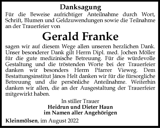 Traueranzeige von Gerald Franke von Thüringer Allgemeine, Thüringische Landeszeitung