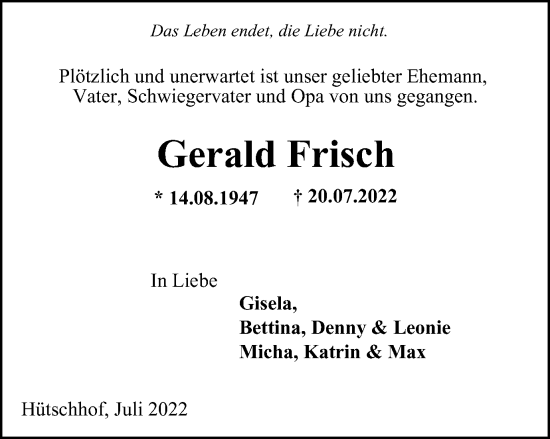 Traueranzeige von Gerald Frisch von Thüringer Allgemeine, Thüringische Landeszeitung