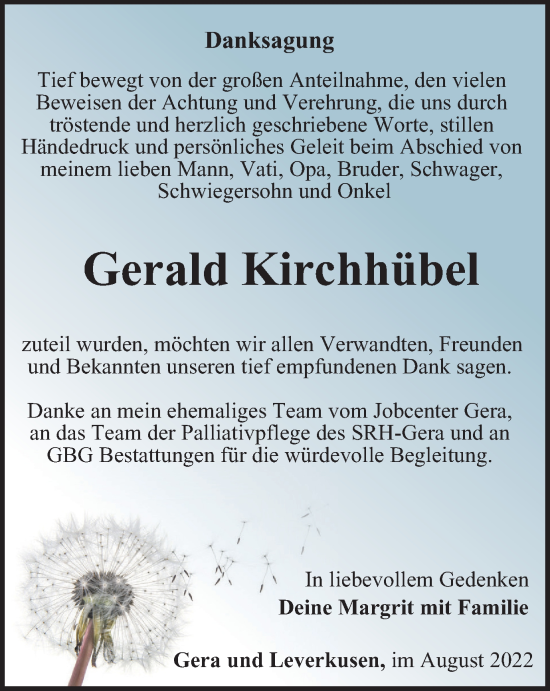 Traueranzeige von Gerald Kirchhübel von Ostthüringer Zeitung
