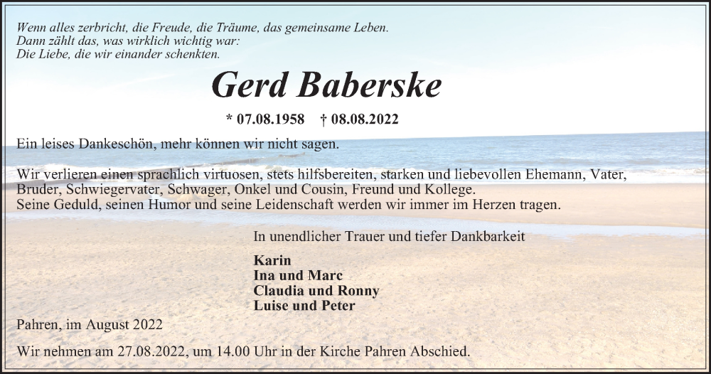  Traueranzeige für Gerd Baberske vom 13.08.2022 aus Ostthüringer Zeitung