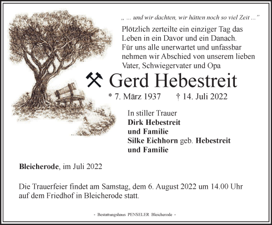 Traueranzeige von Gerd Hebestreit von Thüringer Allgemeine