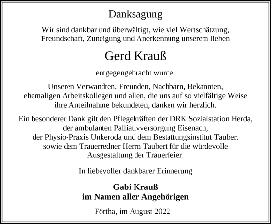 Traueranzeige von Gerd Krauß von Thüringer Allgemeine, Thüringische Landeszeitung