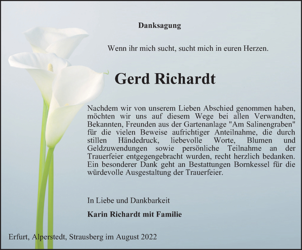  Traueranzeige für Gerd Richardt vom 20.08.2022 aus Thüringer Allgemeine, Thüringische Landeszeitung