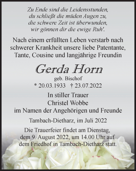 Traueranzeige von Gerda Horn von Thüringer Allgemeine, Thüringische Landeszeitung