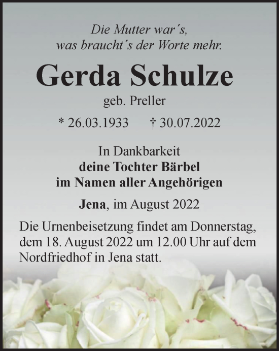 Traueranzeige von Gerda Schulze von Ostthüringer Zeitung, Thüringische Landeszeitung