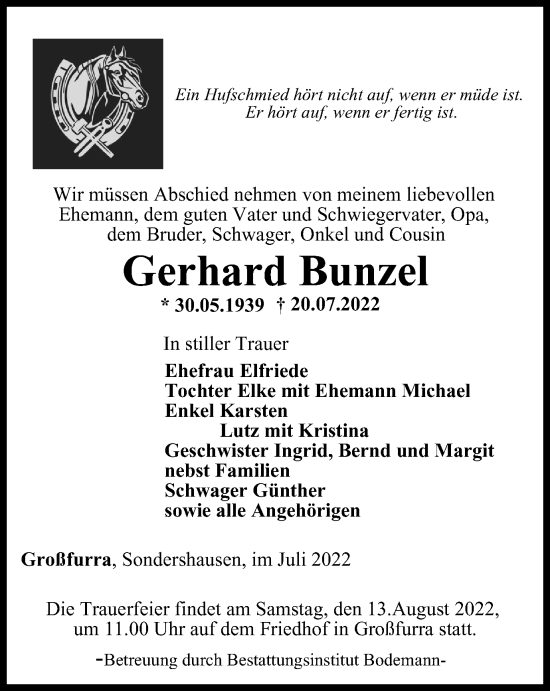 Traueranzeige von Gerhard Bunzel von Thüringer Allgemeine