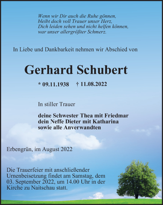 Traueranzeige von Gerhard Schubert von Ostthüringer Zeitung