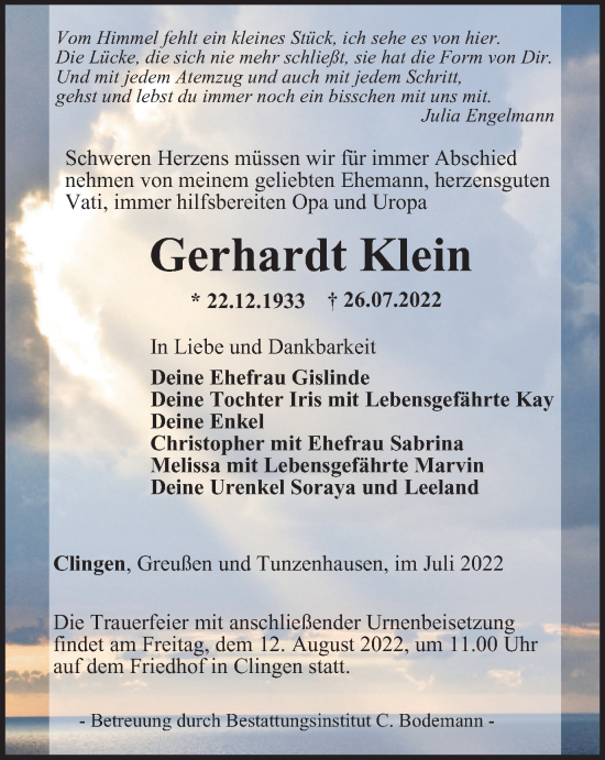 Traueranzeige von Gerhardt Klein von Thüringer Allgemeine