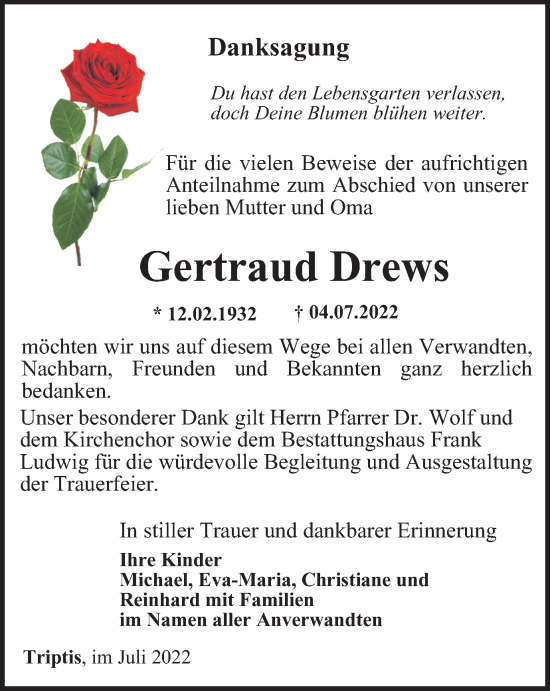 Traueranzeige von Gertraud Drews von Ostthüringer Zeitung