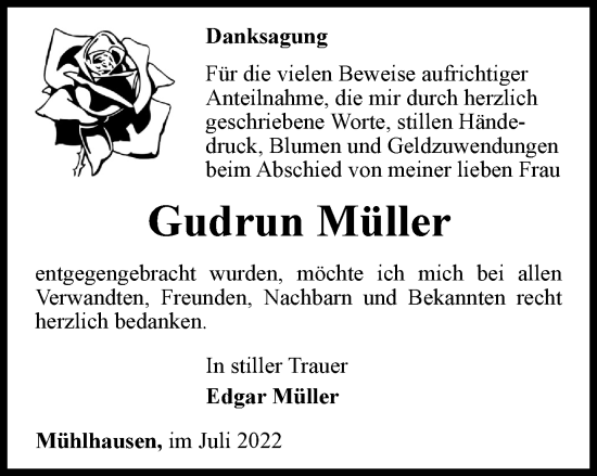 Traueranzeige von Gudrun Müller von Thüringer Allgemeine, Thüringische Landeszeitung