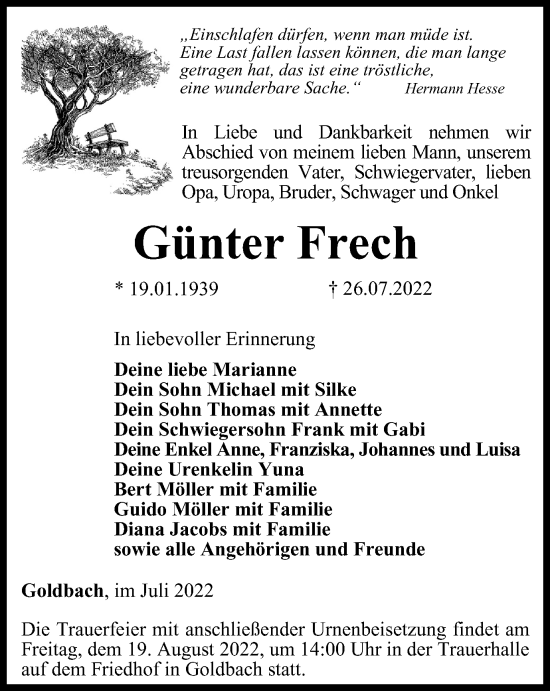 Traueranzeige von Günter Frech von Thüringer Allgemeine, Thüringische Landeszeitung