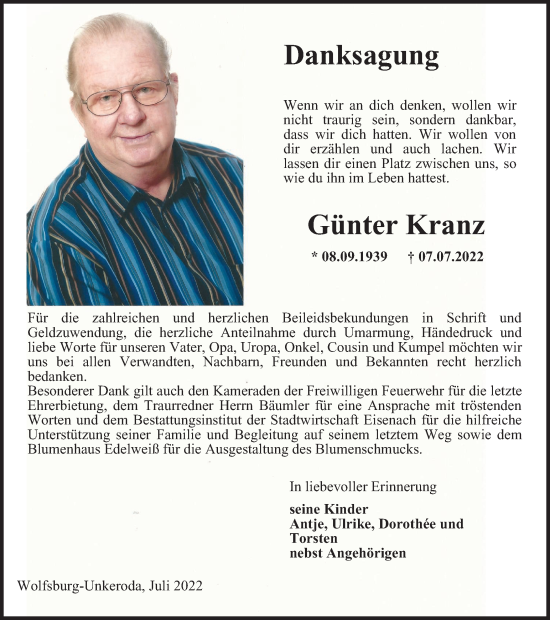 Traueranzeige von Günter Kranz von Thüringer Allgemeine, Thüringische Landeszeitung