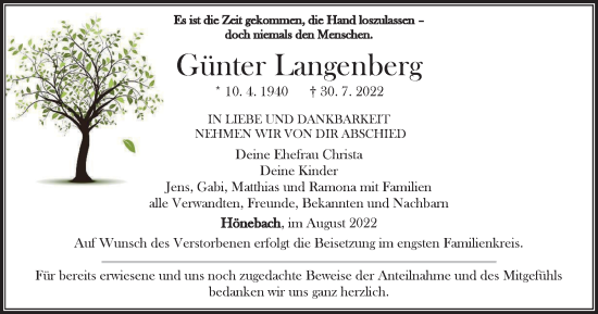 Traueranzeige von Günter Langenberg von Thüringer Allgemeine, Thüringische Landeszeitung
