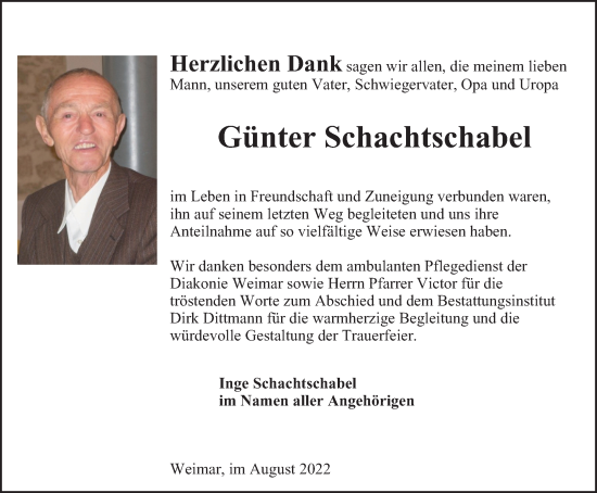 Traueranzeige von Günter Schachtschabel von Thüringer Allgemeine, Thüringische Landeszeitung