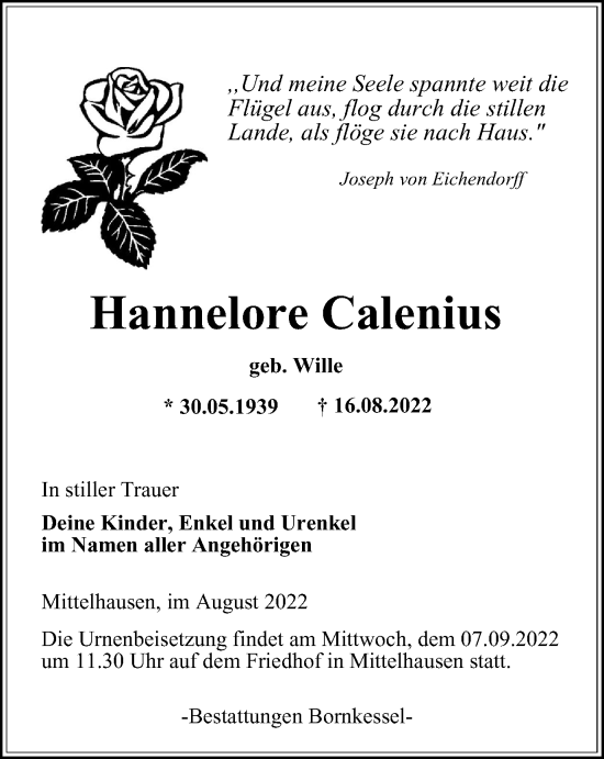 Traueranzeige von Hannelore Calenius von Thüringer Allgemeine, Thüringische Landeszeitung