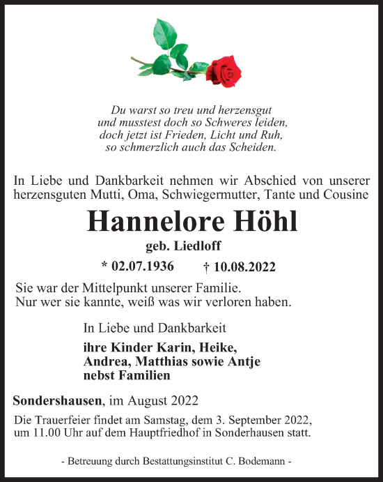 Traueranzeige von Hannelore Höhl