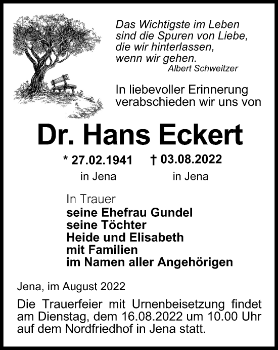 Traueranzeige von Hans Eckert von Ostthüringer Zeitung, Thüringische Landeszeitung