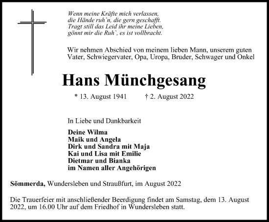 Traueranzeige von Hans Münchgesang von Thüringer Allgemeine