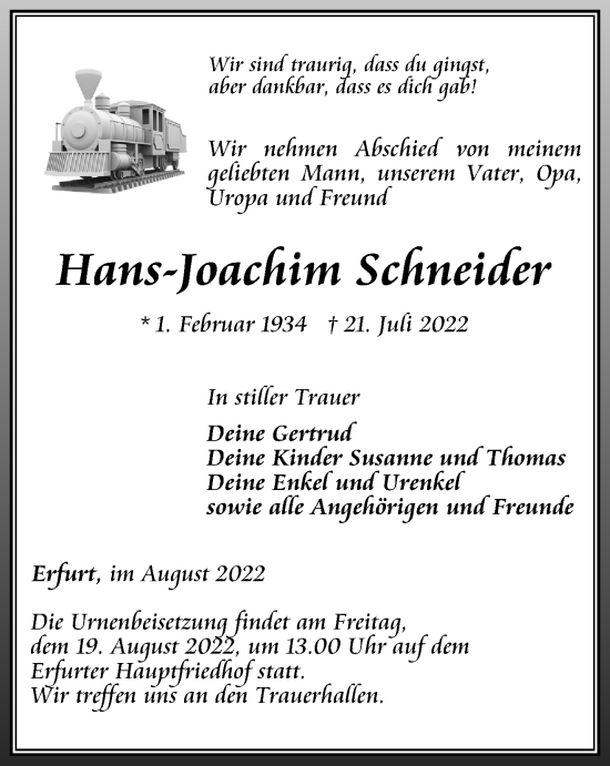 Traueranzeige von Hans Joachim Schneider von Thüringer Allgemeine, Thüringische Landeszeitung