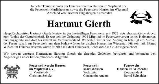 Traueranzeige von Hartmut Gierth von Thüringer Allgemeine