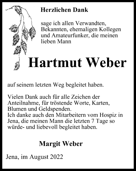 Traueranzeige von Hartmut Weber von Ostthüringer Zeitung, Thüringische Landeszeitung