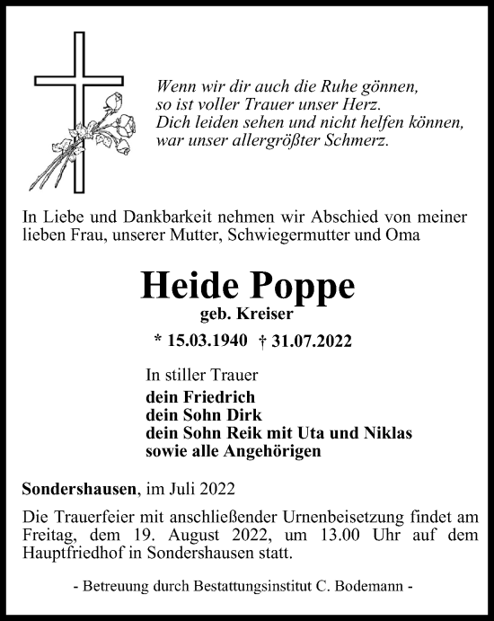 Traueranzeige von Heide Poppe von Thüringer Allgemeine