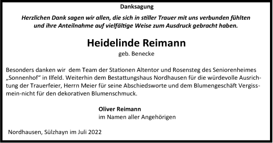 Traueranzeige von Heidelinde Reimann von Thüringer Allgemeine