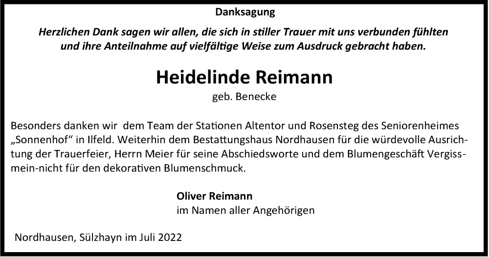  Traueranzeige für Heidelinde Reimann vom 30.07.2022 aus Thüringer Allgemeine