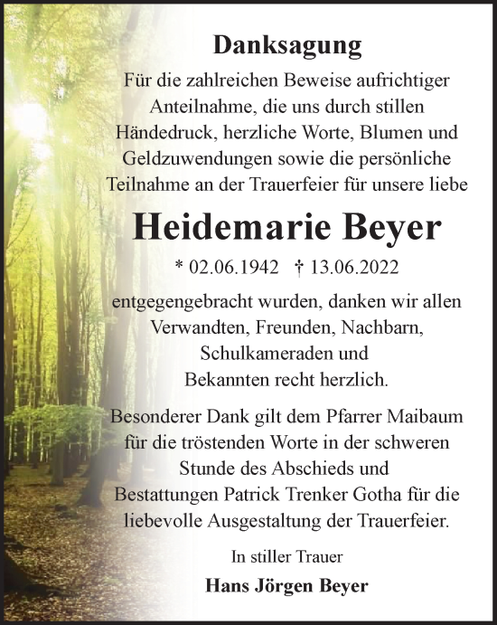 Traueranzeige von Heidemarie Beyer von Thüringer Allgemeine, Thüringische Landeszeitung