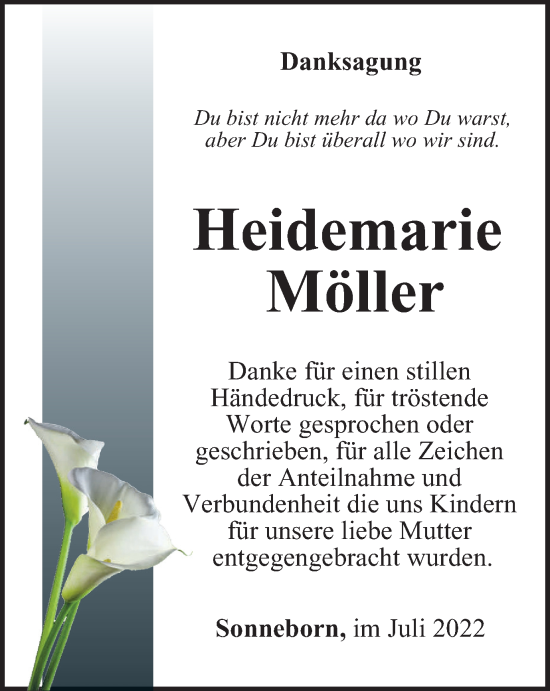 Traueranzeige von Heidemarie Möller von Thüringer Allgemeine, Thüringische Landeszeitung