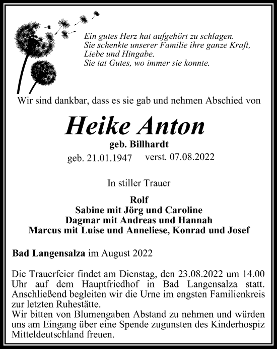 Traueranzeige von Heike Anton von Thüringer Allgemeine, Thüringische Landeszeitung