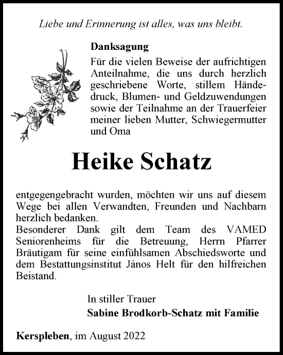 Traueranzeige von Heike Schatz von Thüringer Allgemeine, Thüringische Landeszeitung