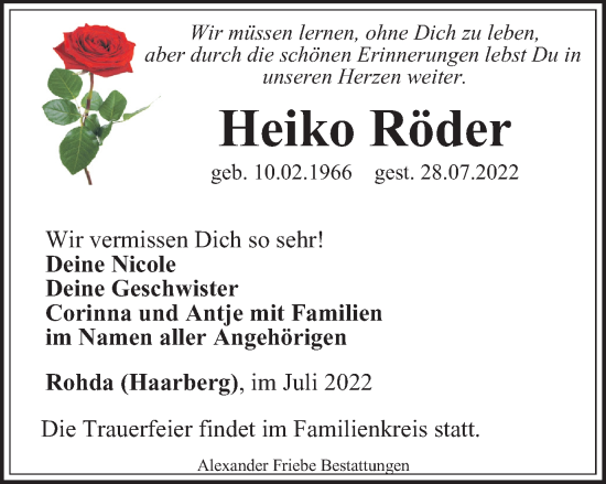 Traueranzeige von Heiko Röder