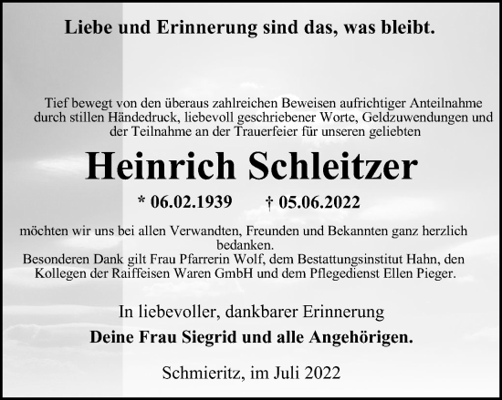 Traueranzeige von Heinrich Schleitzer von Ostthüringer Zeitung