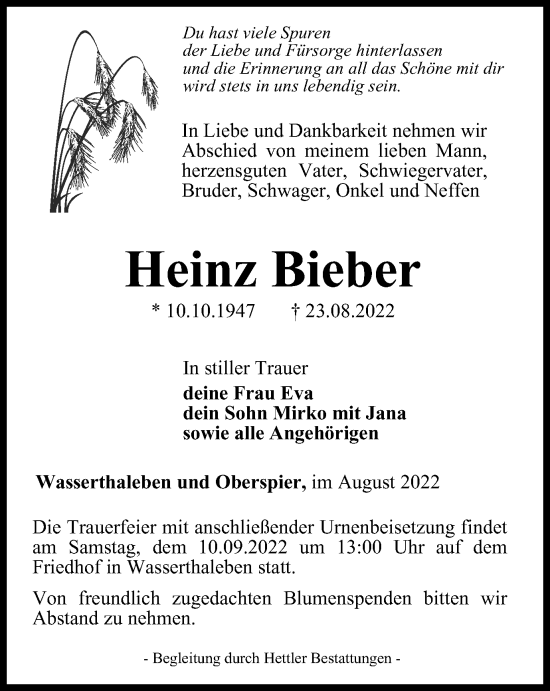 Traueranzeige von Heinz Bieber von Thüringer Allgemeine