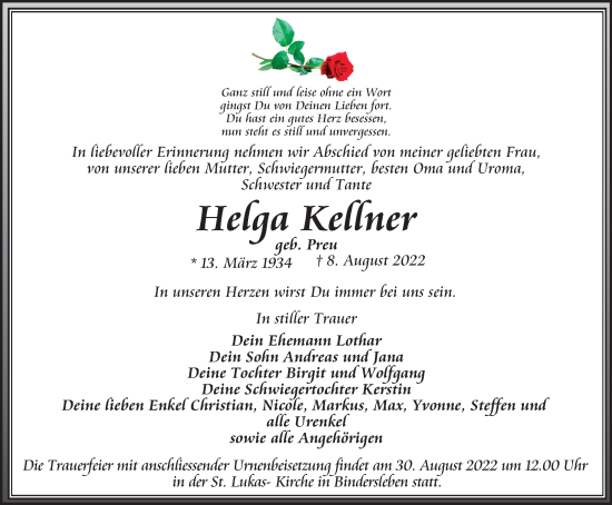 Traueranzeige von Helga Kellner