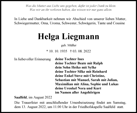 Traueranzeige von Helga Liegmann von Ostthüringer Zeitung