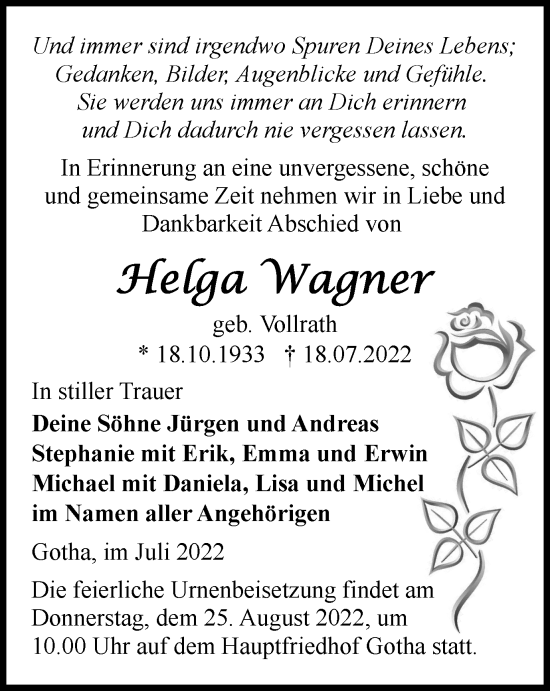 Traueranzeige von Helga Wagner von Thüringer Allgemeine, Thüringische Landeszeitung