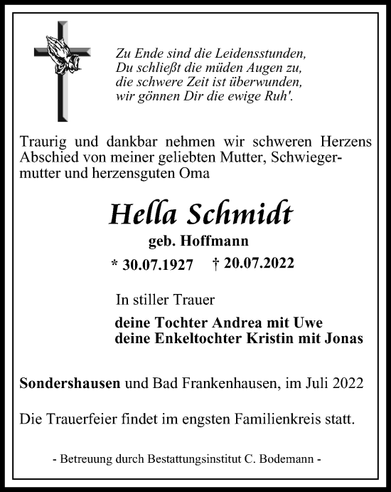 Traueranzeige von Hella Schmidt von Thüringer Allgemeine