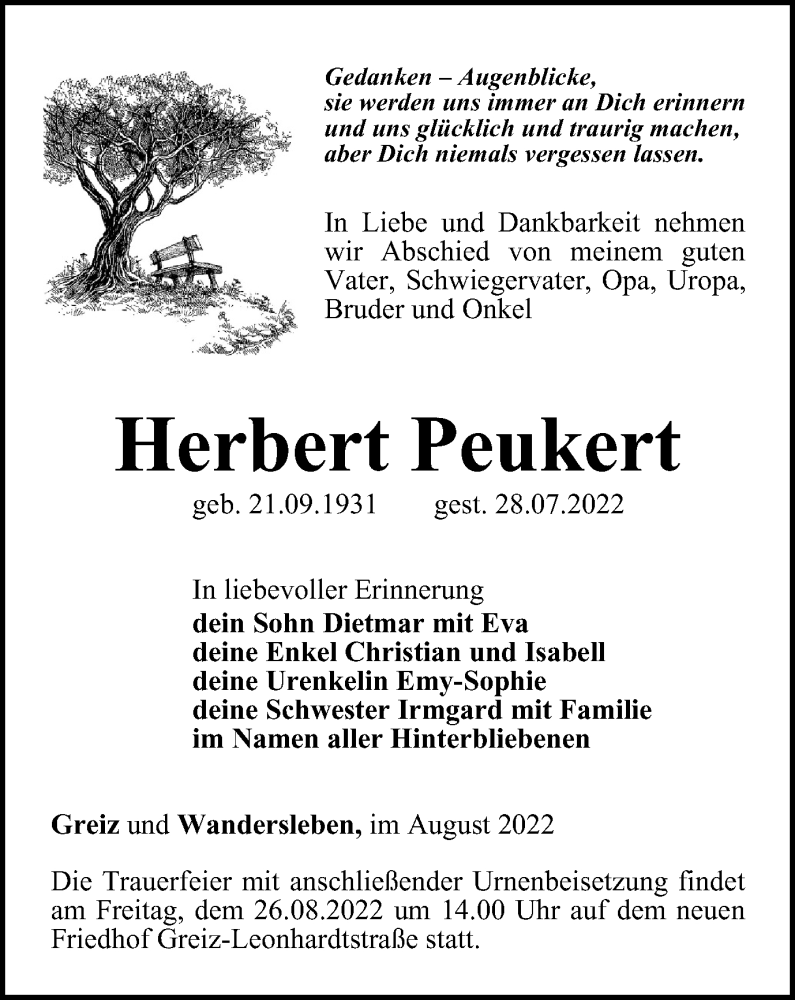  Traueranzeige für Herbert Peukert vom 02.08.2022 aus Ostthüringer Zeitung