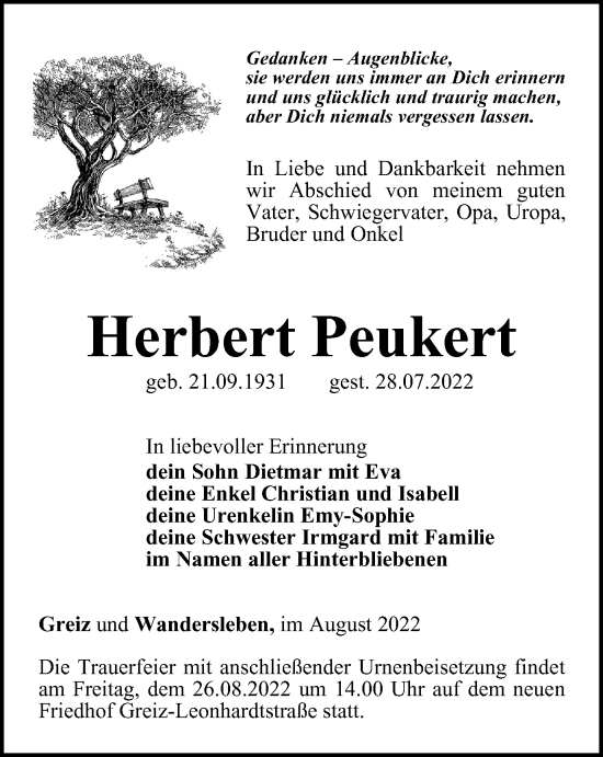 Traueranzeige von Herbert Peukert von Ostthüringer Zeitung