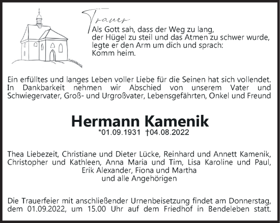 Traueranzeige von Hermann Kamenik