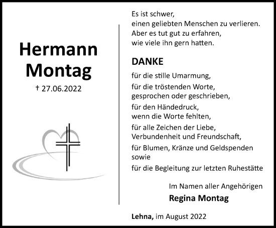 Traueranzeige von Hermann Montag von Thüringer Allgemeine