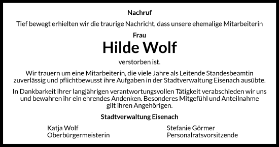 Traueranzeige von Hilde Wolf von Thüringer Allgemeine, Thüringische Landeszeitung
