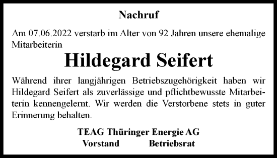 Traueranzeige von Hildegard Seifert von Thüringer Allgemeine, Thüringische Landeszeitung