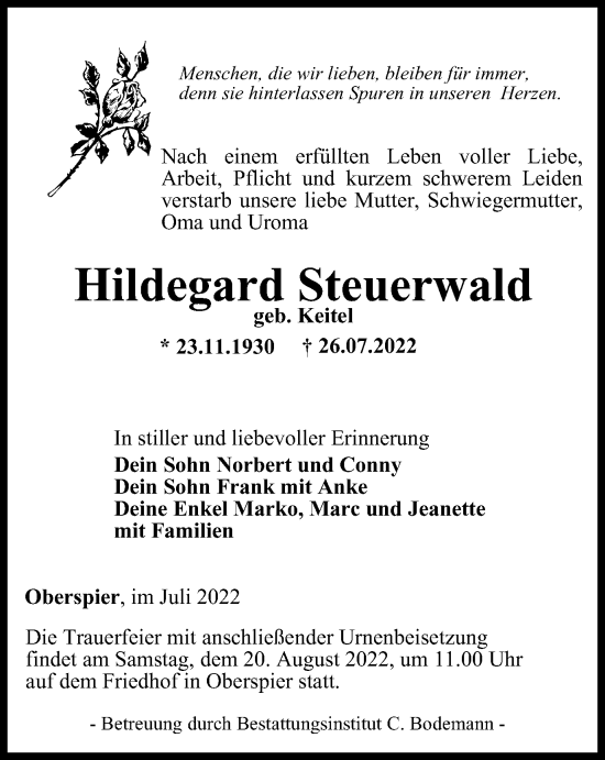 Traueranzeige von Hildegard Steuerwald