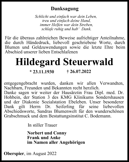 Traueranzeige von Hildegard Steuerwald